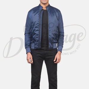 <b>Men</b> Navy Blue Satin Bomber <b>Jacket</b> Lightweight <b>Flight</b> <b>Jacket</b> with Ribbed Trim and Zippered Front Casual Outerwear - Product Image 4