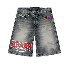 Ensemble en flanelle à carreaux 100 % coton lavé, personnalisé en gros, avec détails en strass thermocollés, short décontracté coupe ample pour la mode streetwear - Product Image 5