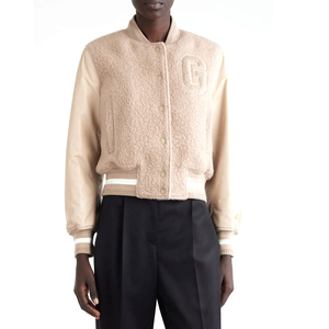 Veste universitaire pour femme, beige, manches longues, logo G brodé, boutons sur le devant, longueur normale, 100% laine, chauffante, écologique, respirante - Product Image 1