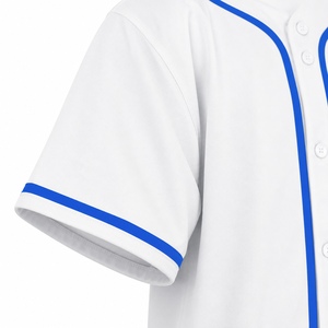 Maillot de baseball blanc avec bordure bleue, manches courtes, boutons sur le devant, unisexe, adulte, respirant, impression sublimée, polyester, personnalisable pour équipe sportive - Product Image 3