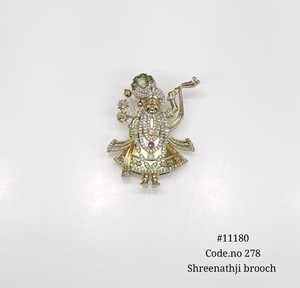 11180 Shreenathji Brooch <b>Gold</b> Plated Figurative Pin With KStones Round Kundan Brilliant Cut Claw Setting Wedding Brooch - Product Image 1