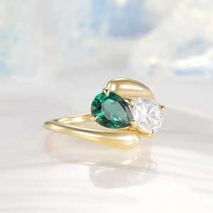 925 Sterling <b>Silver</b> 22K Gold Plated Handmade Minimalist Pear/Round Cut Gemstone <b>Ring</b> Toi Et Moi <b>Adjustable</b> Bypass <b>Ring</b> Fine - Product Image 5