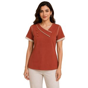 Camiseta de Manga Corta con Cuello Asimétrico para Mujer, Color Naranja Óxido, con Detalle de Botones en Contraste, Estilo Casual de Verano, Personalizable, Venta al Por Mayor - Product Image 1