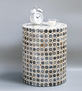 Round Coin Mosaic Cylinder Accent <b>Stools</b> Mother of Pearl Handcrafted Small Side Table For Living Room <b>Bedroom</b> Decor Use - Product Image 3