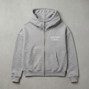 Sweat à capuche unisexe gris chiné, coupe ample, fermeture éclair, broderie de logo personnalisée, style streetwear minimaliste, veste en molleton de coton, tenue décontractée - Product Image 2