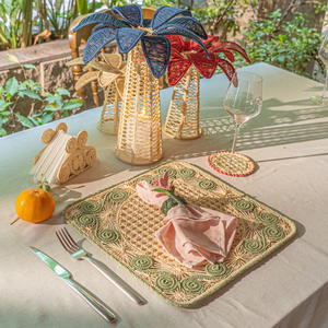 แผ่นรองจานลายเกลียวกระดาษ JNC Square Spiral Paper Yarn Placemat ทำมือ เป็นมิตรกับสิ่งแวดล้อม ลายเรขาคณิตวินเทจ แต่งสีเขียว ปรับแต่งได้สำหรับโต๊ะอาหารที่บ้าน - Product Image 5