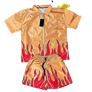 Ensemble de shorts sportifs unisexe en satin imprimé flamme, 2 pièces, manches courtes, fermeture éclair, coupe régulière, vêtements de sport printemps-été - Product Image 1