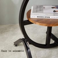 Table d'appoint ronde à 2 niveaux en bois d'acacia massif naturel avec cadre en métal courbé noir pour salon, chambre à coucher, hôtel