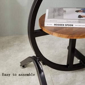 Table d'appoint ronde à 2 niveaux en bois d'acacia massif naturel avec cadre en métal courbé noir pour salon, chambre à coucher, hôtel - Product Image 2