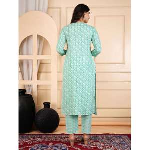 Conjunto Kurta de 3 piezas de algodón puro con estampado floral verde y melocotón para mujer - Product Image 5
