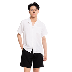 Chemises décontractées pour hommes en lin/coton à imprimé Dobby, séchage rapide, manches courtes, col en V, 140g, pour l'automne, OEM, vente en gros, personnalisables, détection par aiguille - Product Image 1