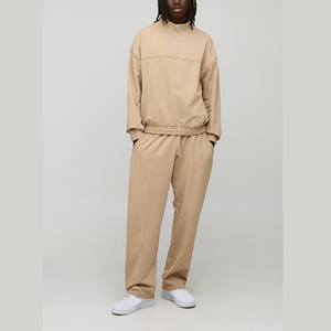 Unisex Beige Half <b>Zip</b> <b>Hooded</b> Sweatshirt Oversized Fit Regular Sleeve Casual Autumn Wear 100% Cotton Fleece Eco-Friendly Pocket - Product Image 6