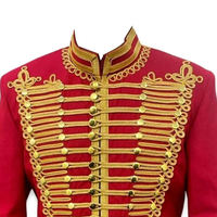 Chaqueta de Verano para Hombre, Estampada en Rojo, Estilo Hussar, con Bordado Dorado en la Parte Delantera, Cuello Alto, Ajustada, Manga Larga, 100% Poliéster