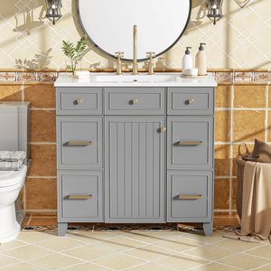36-Inch Solid Wood <b>Bathroom</b> <b>Vanity</b> with Soft Close Doors Adjustable Shelves 3 Drawers & Double Ceramic Sink Grey - Product Image 4