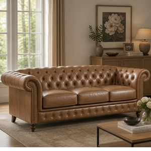 Stylish Real Leather 3 Seater Sofa Durable Classic Couch with Soft <b>Cushions</b> for Living Room Villa and Hotel Furniture - Product Image 1