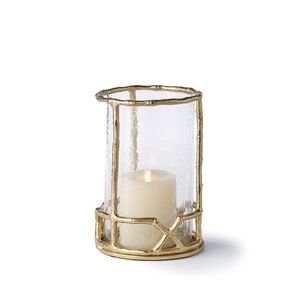 Lanterne Hurricane Artisanale en Bambou Doré avec Cadre Métallique et Cylindre en Verre Texturé pour Bougie - Product Image 1