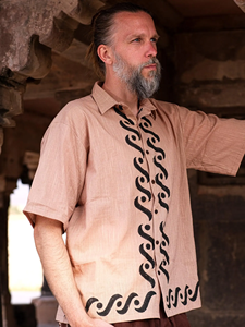 Handmade Men Of-White Cotton Khadi <b>Shirt</b> with Black Hand-Block Print Geometric Waves Summer Casual <b>Button</b>-Down <b>Half</b>-Sleeve Top - Product Image 3