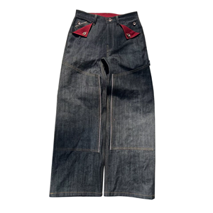กางเกงยีนส์เดนิมทรงขาบานสำหรับช่างไม้แบบ Double Knee น้ำหนัก 15 ออนซ์ กางเกงยีนส์ผู้ชายทรงหลวม กระเป๋าผ้าแคนวาส ขอบดิบ ไม่ผ่านการซัก - Product Image 1