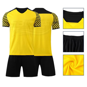 Ensemble maillot et short de football rayé jaune et noir pour homme, col en V, en polyester anti-humidité, coupe athlétique toutes saisons - Product Image 1