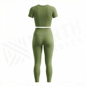 Conjunto de Yoga de 2 Piezas para Mujer, Color Verde Oliva, Top Corto de Manga Corta, Leggings Largos de Cintura Alta - Product Image 2