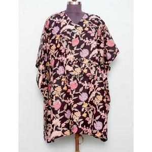 Vestido Kaftán Corto Ajustado con Cuello en V, Estampado Floral Indio, de Algodón Ecológico, para Mamás, Ropa de Playa, Ropa de Dormir, Informal - Product Image 1