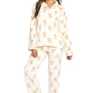 Breathable Bear Pyjamas Top and Bottom Set For Women's Room Wear Fleece Teddy Bear Printed Cute Pyjama Set Button <b>2</b> <b>Piece</b> Sets - Product Image 1