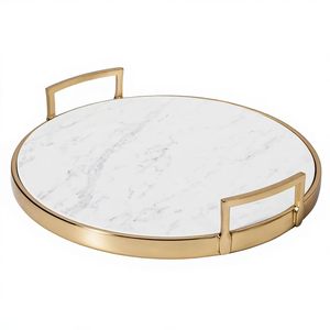 Wholesale Luxury <b>Round</b> Marble Serving Tray Bulk Hotel Platter with Elegant <b>Brushed</b> Gold Metal Frame and Modern Square Handles - Product Image 1
