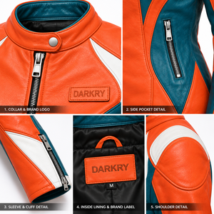 Chaqueta de Motociclista de Cuero Genuino para Mujer, Color Naranja, Verde Azulado y Blanco, Marca Darkry, para Carreras, Motocross y Deportes - Product Image 6