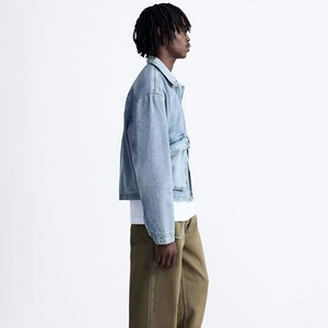 Veste en jean délavé unisexe, col rabattu décontracté, bouton unique sur le devant, poches, longueur courte, veste en coton pour l'automne - Product Image 5