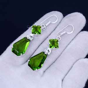 Boucles d'oreilles pendantes en pierre de péridot faites à la main, en argent sterling 925, bijoux pour femmes, cadeau, vente en gros - Product Image 4