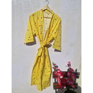 Robe Kimono en Coton à Rayures Cœur, Peignoir Léger Fait Main Imprimé au Bloc, Tenue de Détente Bohème pour l'Été, la Plage et le Spa - Product Image 1
