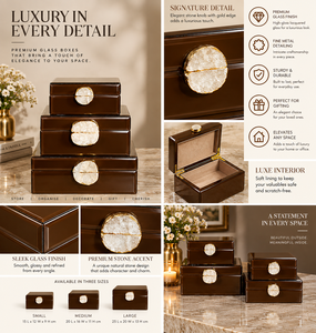 Chocolate <b>Brown</b> Glass Jewelry Storage Box Set with Natural Stone Accent Glossy Finish Soft Lining Decorative Keepsake Organizer - Product Image 5
