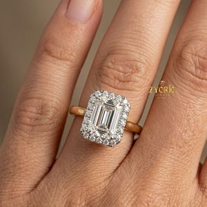 925 Sterling <b>Silver</b> <b>Emerald</b> Cut Moissanite Halo Engagement <b>Ring</b> Classic Solitaire Bridal <b>Ring</b> Luxury Wedding Jewelry - Product Image 5