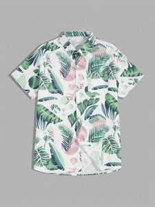 Chemise hawaïenne pour homme à col montant en twill imprimé numérique |   100% polyester |   Chemise décontractée tropicale à manches courtes - Product Image 1