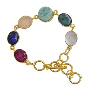 <b>Gold</b> Plated Brass <b>Beaded</b> Chain <b>Bracelet</b> with Multi Color Freshwater Quartz Stones Bohemia Style Unisex Jewelry Gift - Product Image 1