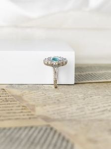 Anillo de compromiso y boda de lujo con halo vintage de turmalina Paraíba cultivada en laboratorio, chapado en oro sobre plata de ley 925, delicado, certificado, 8 gramos - Product Image 3