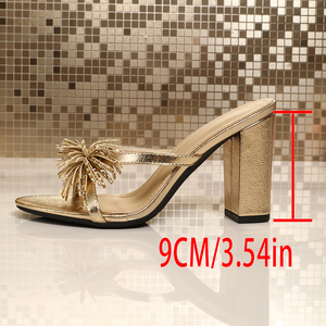 Shiny Metallic Gold Block Heel Slippers with Crystal Pom-Pom | Dressy Heeled <b>Sandals</b> for Prom & Events - Product Image 6