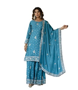 Ensemble Salwar Kameez en soie brodée bleue avec dupatta pour femme, tenue traditionnelle indienne pour mariage, coupe régulière longueur entière - Product Image 1