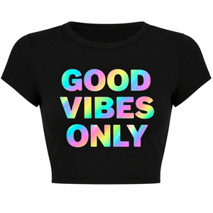 Top Corto con Estampado Gráfico para Mujer, Manga Corta, Cuello Redondo, Estilo Baby Tee, Letras Holográficas, Corte Ajustado, Blusa Informal de Verano, Sin Marca - Product Image 1