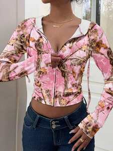 เสื้อฮู้ดครอปซิปผู้หญิงสีชมพูสำหรับฤดูหนาว ผ้าฟลีซแห้งเร็ว ทรงพอดีตัว แขนยาว ซิปด้านหน้า รับทำโลโก้ตามสั่ง OEM แบรนด์ส่วนตัว ขายส่ง - Product Image 2