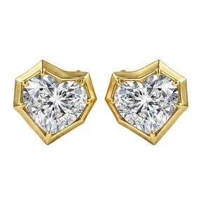 Elegant heart shaped solitaire diamond <b>stud</b> earrings in 14K yellow gold with bezel prong setting for brilliance and luxury - Product Image 1