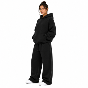 Conjunto de Pantalones Anchos y Sudadera Oversize para Mujer, 100% Algodón Felpa, Color Sólido, Dos Piezas, Corte Holgado, Casual, Antiarrugas - Product Image 5