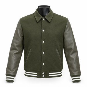 Chaqueta Varsity Verde Oliva para Hombre con Mangas de Cuero, Cuello Camisero, Ropa Casual de Otoño - Product Image 5