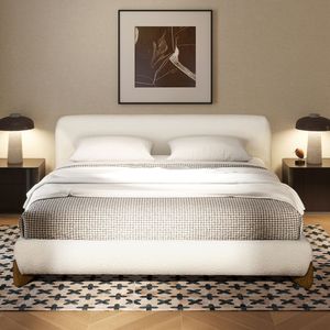 Letto Moderno Alpine King con Piattaforma, Rivestimento in Bouclé Bianco Avorio, Design Imbottito - Product Image 2
