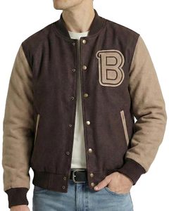 Blousons universitaires réversibles marron beige en coton et laine brodés de lettres – Tendance et best-seller pour l'hiver - Product Image 1