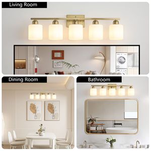 Lampada da Bagno Moderna a 5 Luci in Oro con Paralumi in Vetro Satinato Bianco Latte E26 - per Bagni - Product Image 5