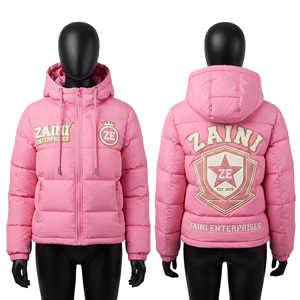 Women Puffer <b>Jacket</b> 120 GSM Premium Polyester Quilted <b>Pink</b> Hooded Custom Chenille Embroidery Applique Logo OEM ODM - Product Image 1