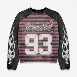Camiseta de manga larga de algodón y poliéster premium de 280 GSM con logo de aplique de rayas rosas, camiseta 100% algodón para hombre, corte holgado, estampada. - Product Image 1