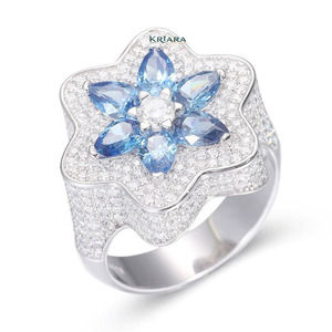 Bague Fleur en Argent 925 Plaqué Rhodium pour Femme avec Diamants Bleus Taille Marquise et Diamants de Laboratoire – Bijou de Luxe pour Soirée - Product Image 5