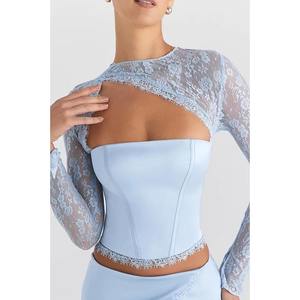 Vestido de Noche Ajustado de Satén Azul Cielo con Mangas Largas de Encaje y Minifalda Cruzada para Mujer, Ecológico - Product Image 4